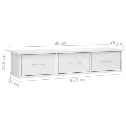 Prateleira com 3 Gavetas p/ Parede - Cor Branco Brilhante - 88x26x18,5 cm - Em Contraplacado