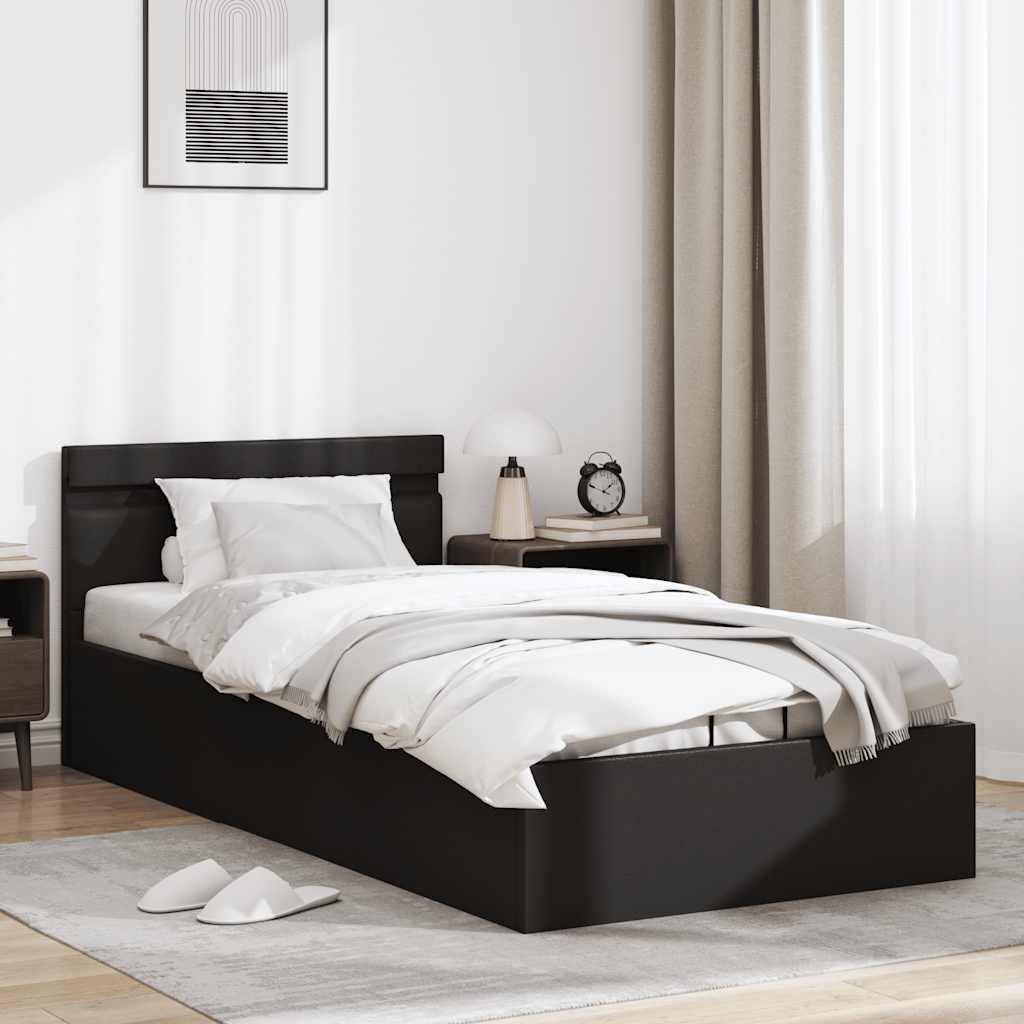 Cama hidráulica c/ arrumação LED 90x200cm couro artifi. preto