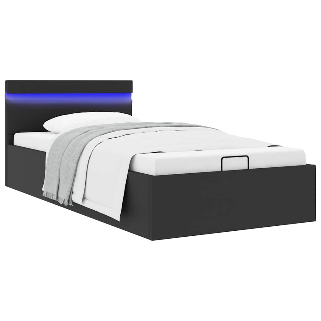 Cama hidráulica c/ arrumação LED 90x200cm couro artifi. preto