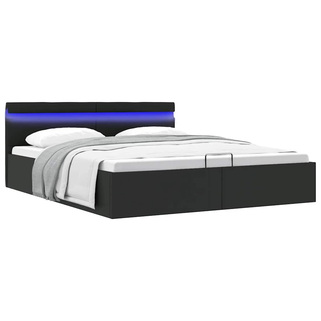 Cama hidráulica LED c/ arrumação 180x200cm couro artifi. preto