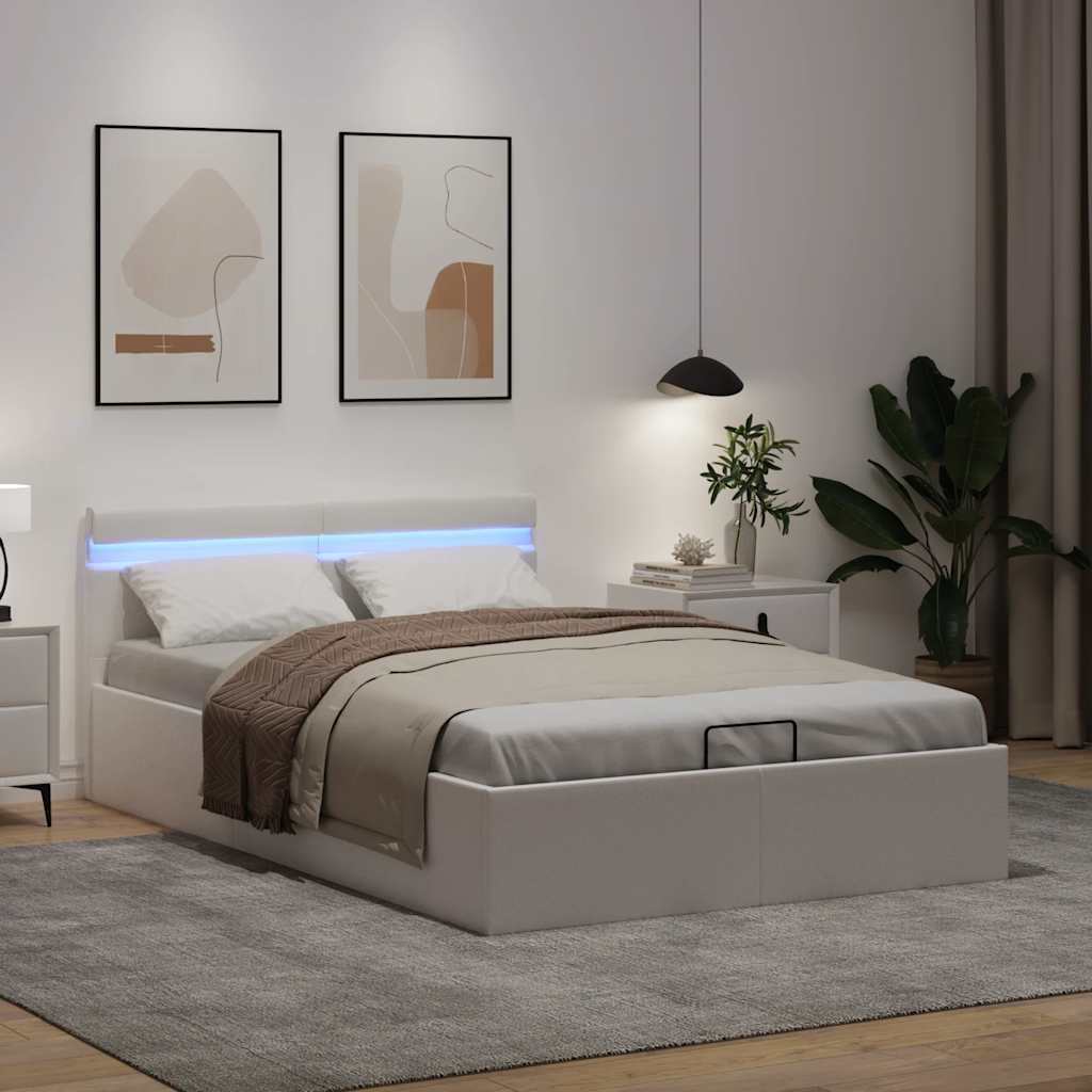 Cama hidráulica c/ arrumação LED 120x200cm couro artifi. branco