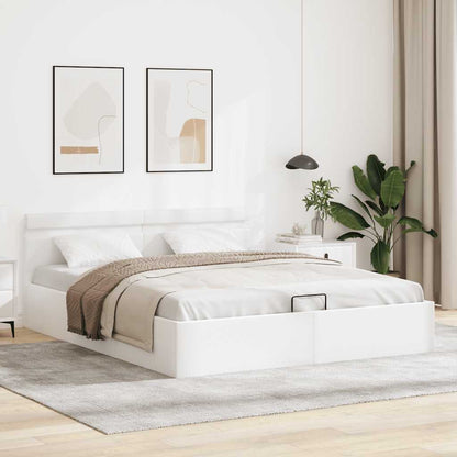 Cama hidráulica c/ arrumação LED 160x200cm couro artif. branco