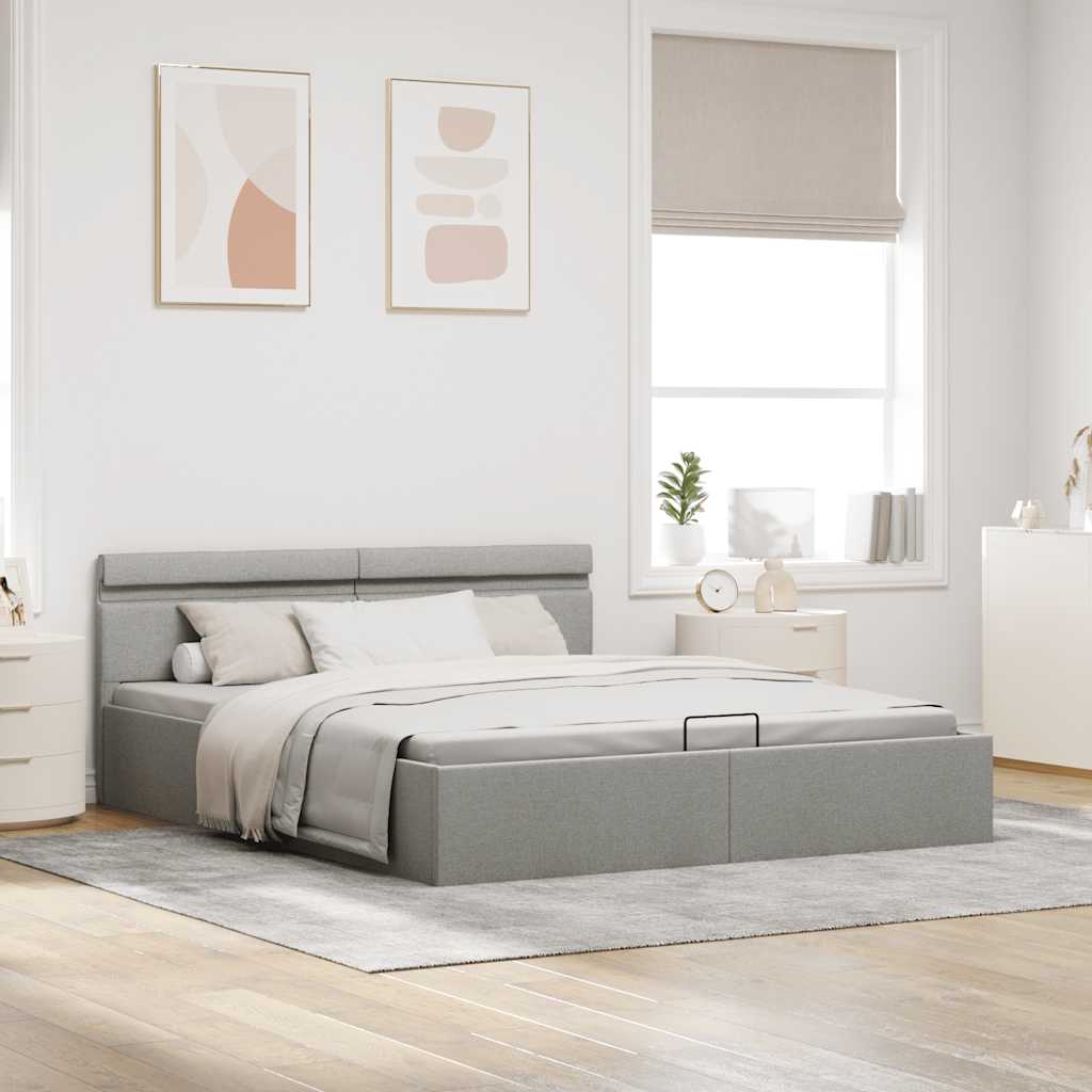 Cama hidráulica c/ arrumação LED 160x200 cm tecido cinza-claro