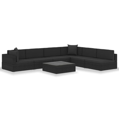 7 pcs conjunto lounge de jardim c/ almofadões vime PE preto