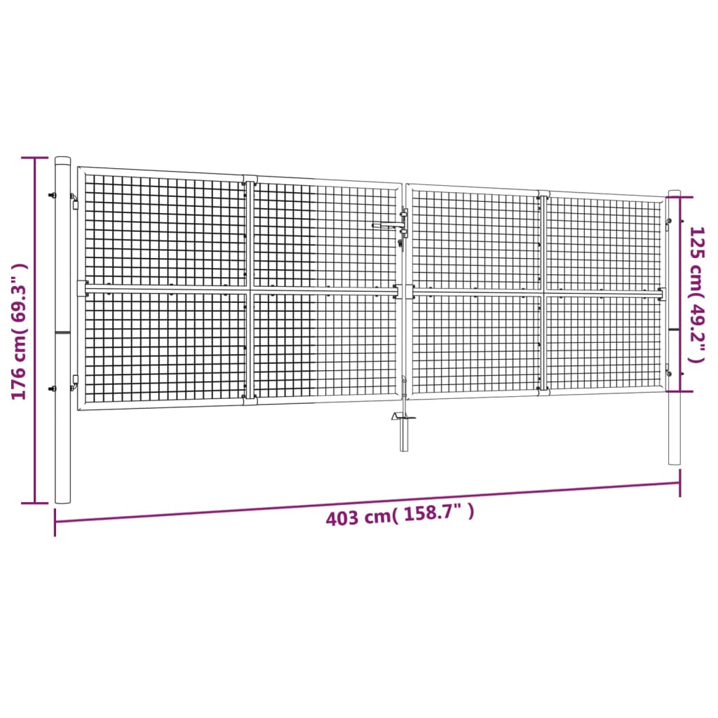 Portão de jardim em rede aço galvanizado 400x175 cm cinzento