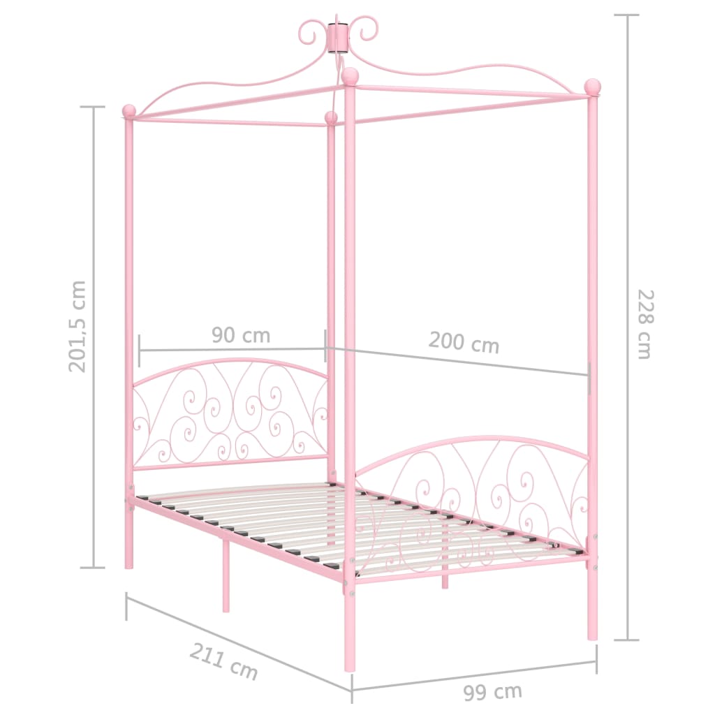 Estrutura de cama com dossel 90x200 cm metal cor-de-rosa