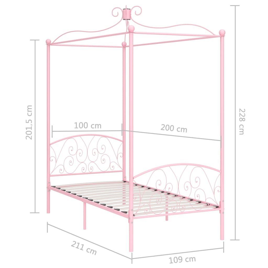 Estrutura de cama com dossel 100x200 cm metal cor-de-rosa