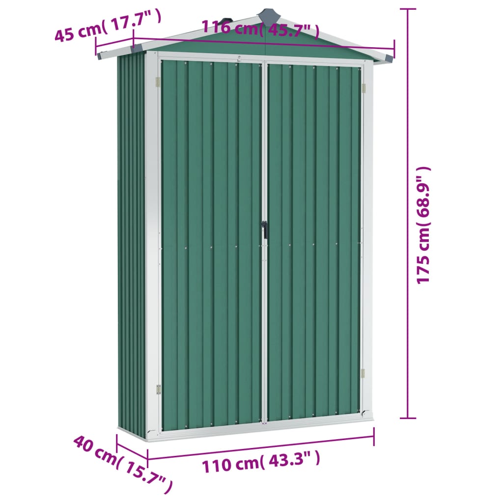 Abrigo de jardim 107,5x46x183 cm aço galvanizado verde