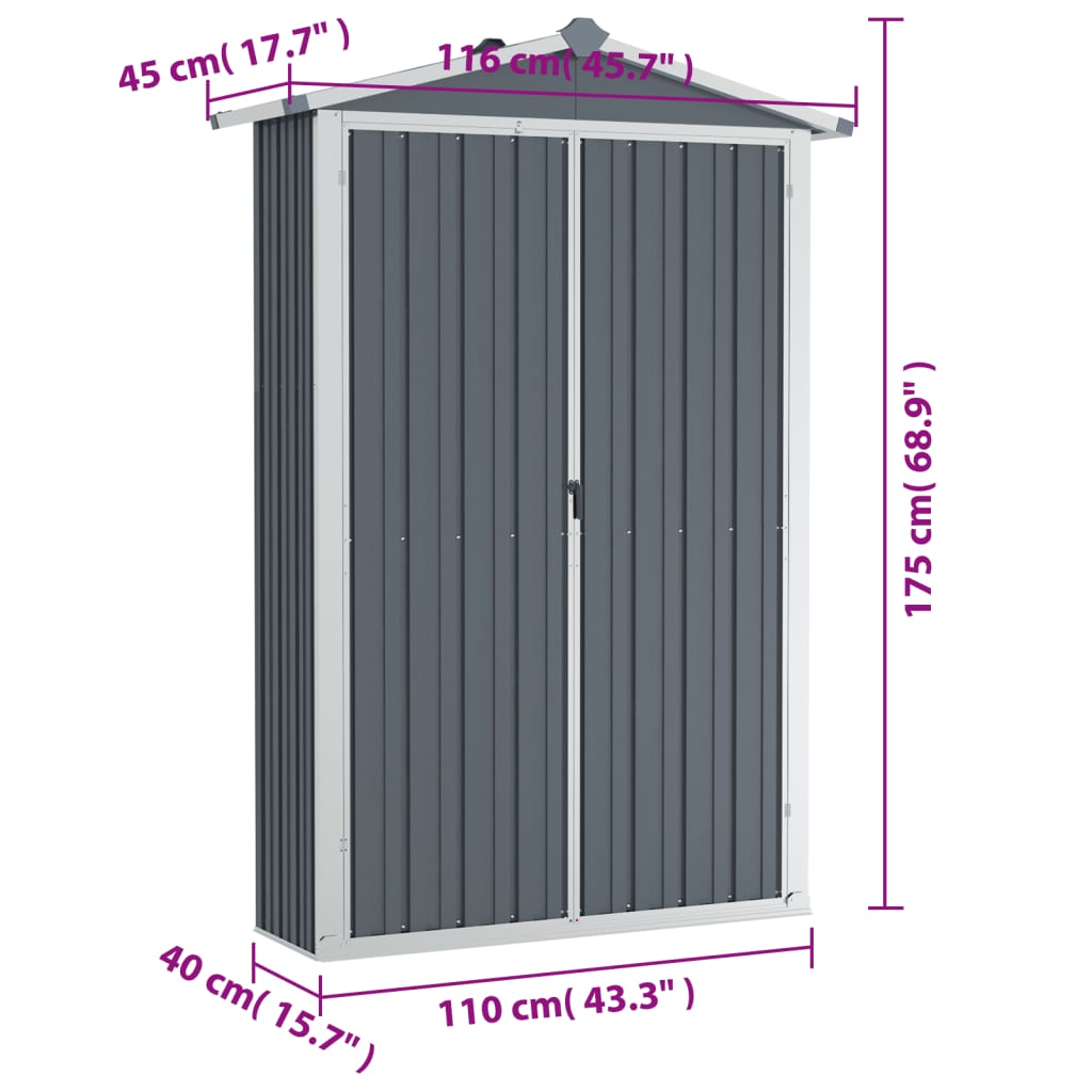 Abrigo de jardim 107,5x46x183 cm aço galvanizado cinzento