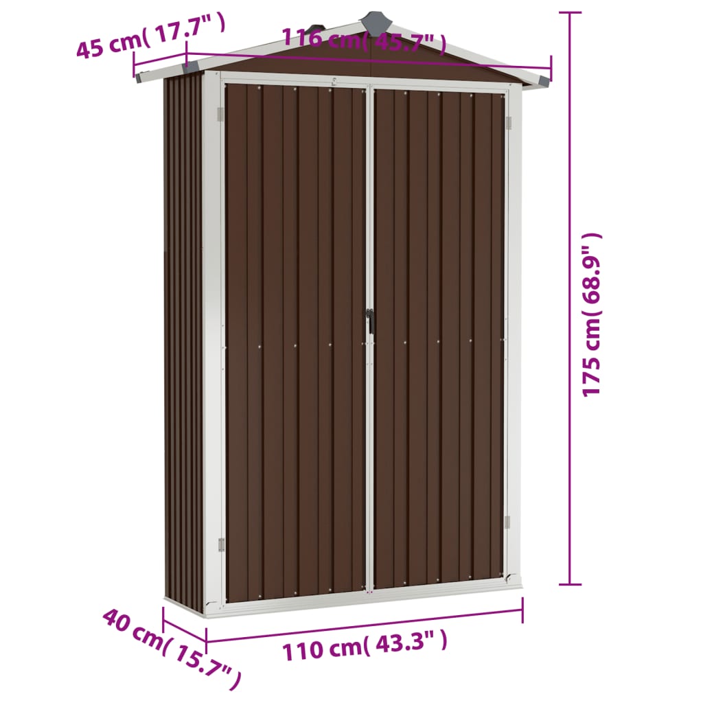 Abrigo de jardim 107,5x46x183 cm aço galvanizado castanho