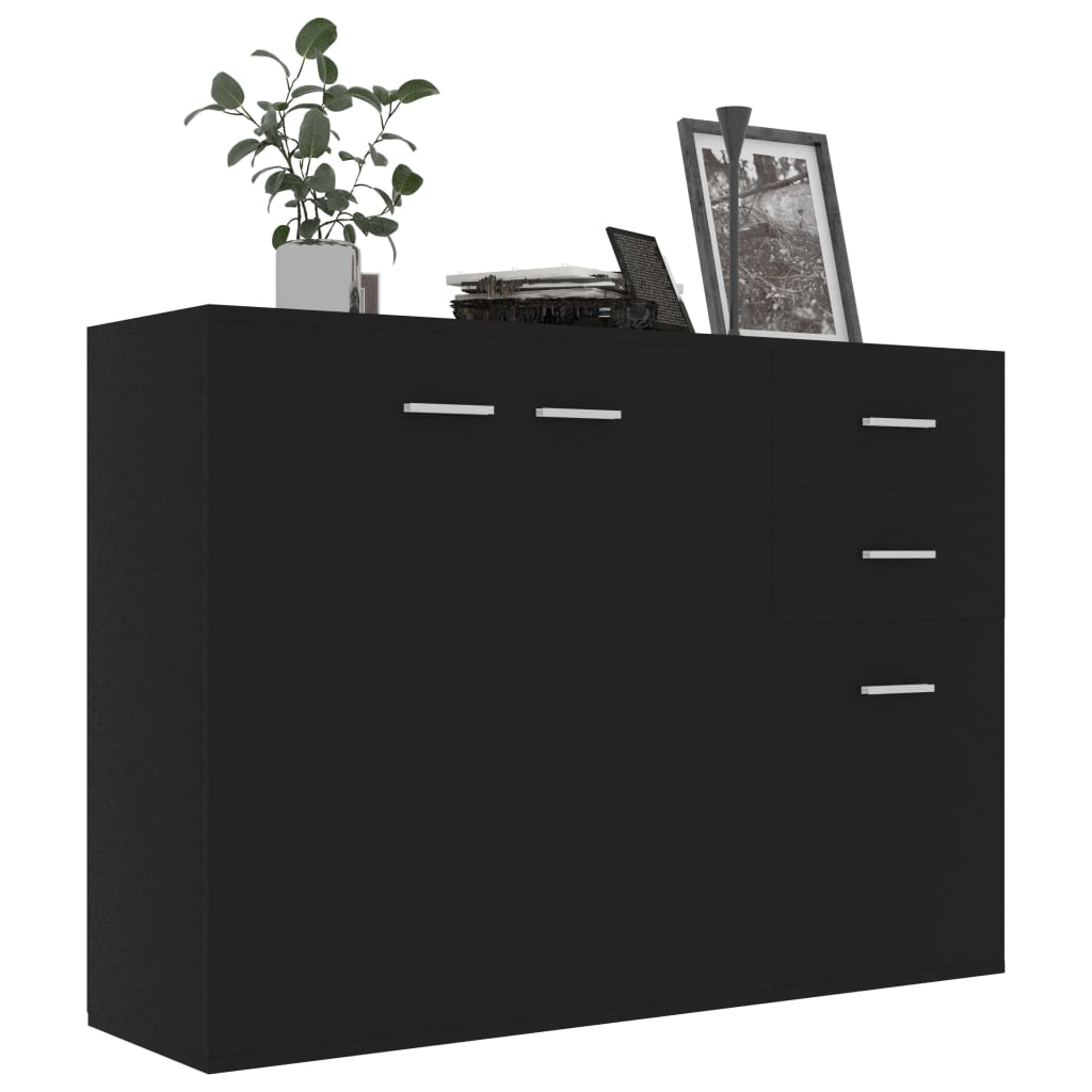 Aparador Francis - Cor Preto - Com 3 Portas e 2 Gavetas - 105x30x75 cm -  Em Contraplacado - Design Minimalista