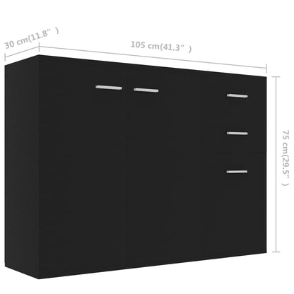 Aparador Francis - Cor Preto - Com 3 Portas e 2 Gavetas - 105x30x75 cm -  Em Contraplacado - Design Minimalista