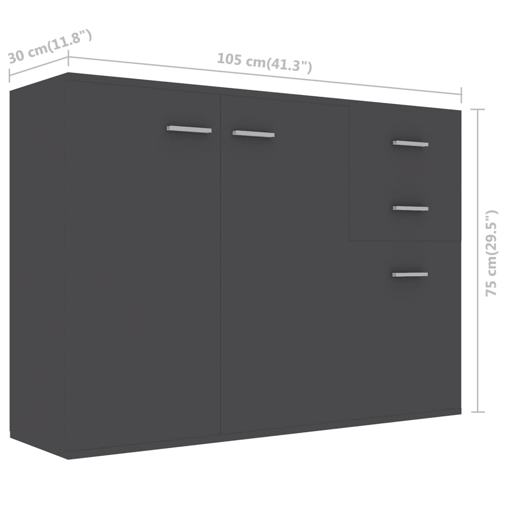 Aparador Francis - Cor Cinzento - Com 3 Portas e 2 Gavetas - 105x30x75 cm -  Em Contraplacado - Design Minimalista