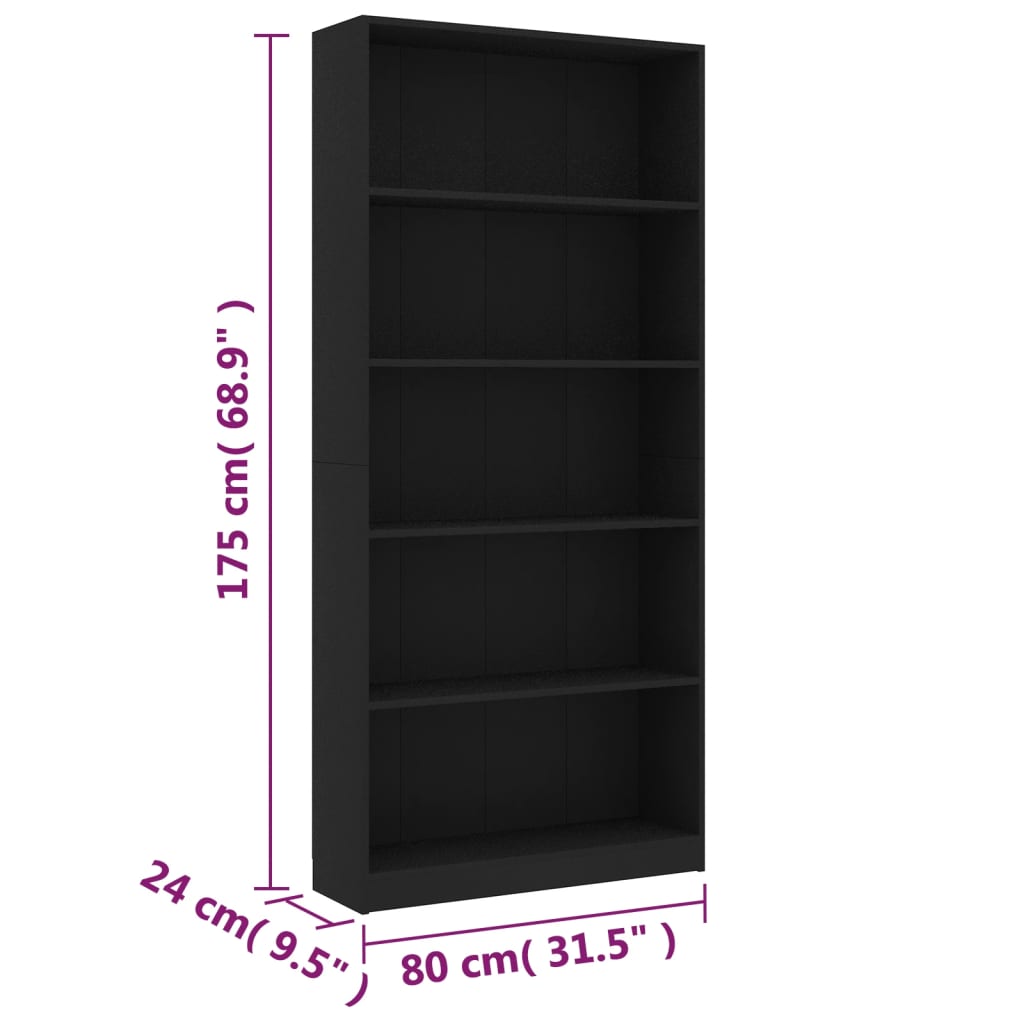 Estante com 5 prateleiras 80x24x175 cm contraplacado preto