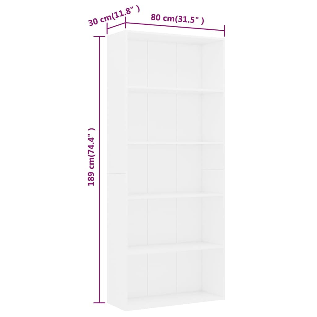 Estante com 5 prateleiras 80x30x189 cm contraplacado branco