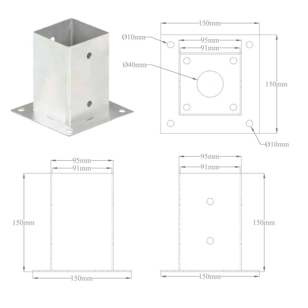 Suportes para postes 4 pcs metal galvanizado 91 mm