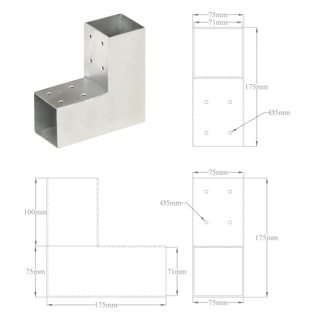 Base para poste em forma de L 71x71 mm metal galvanizado