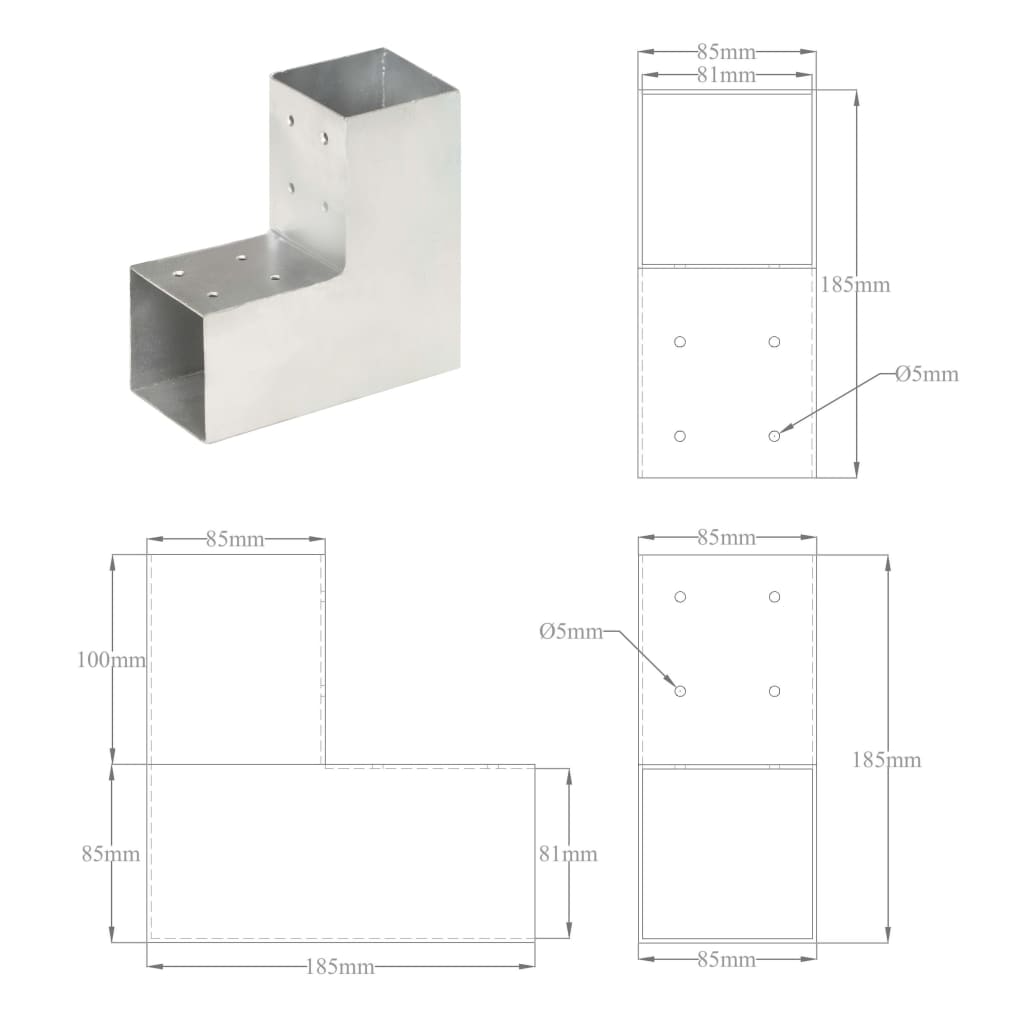 Bases para poste em forma de L 4 pcs 81x81 mm metal galvanizado