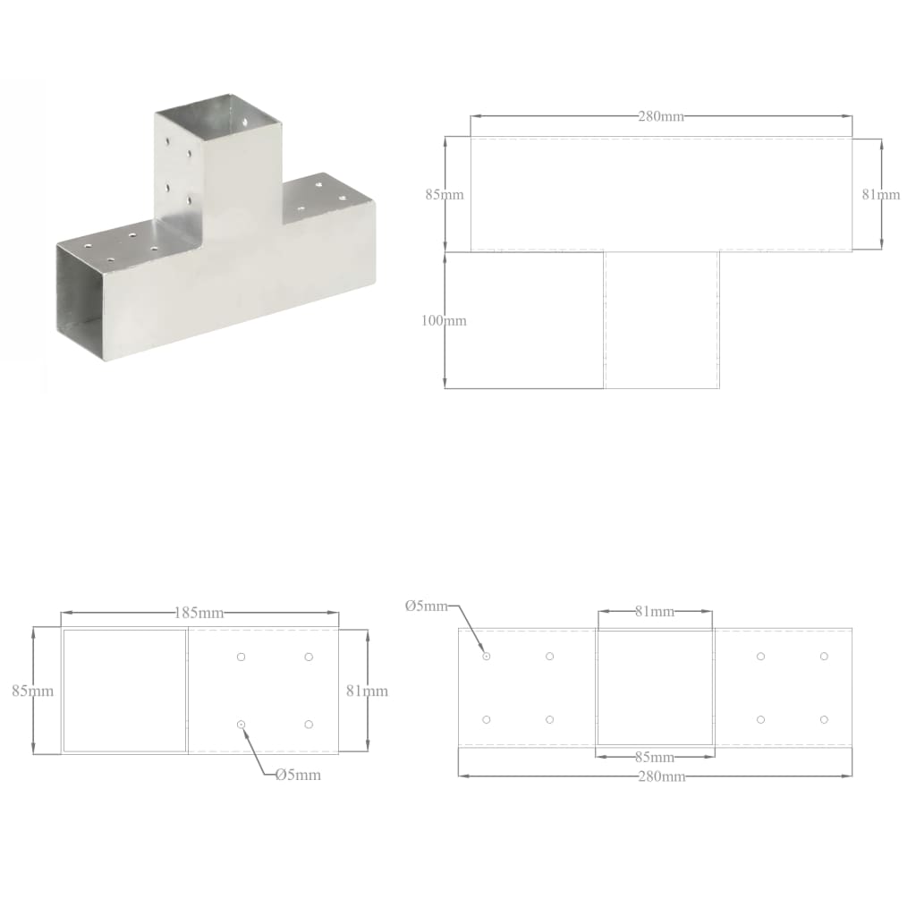 Bases para poste em forma de T 4 pcs 81x81 mm metal galvanizado