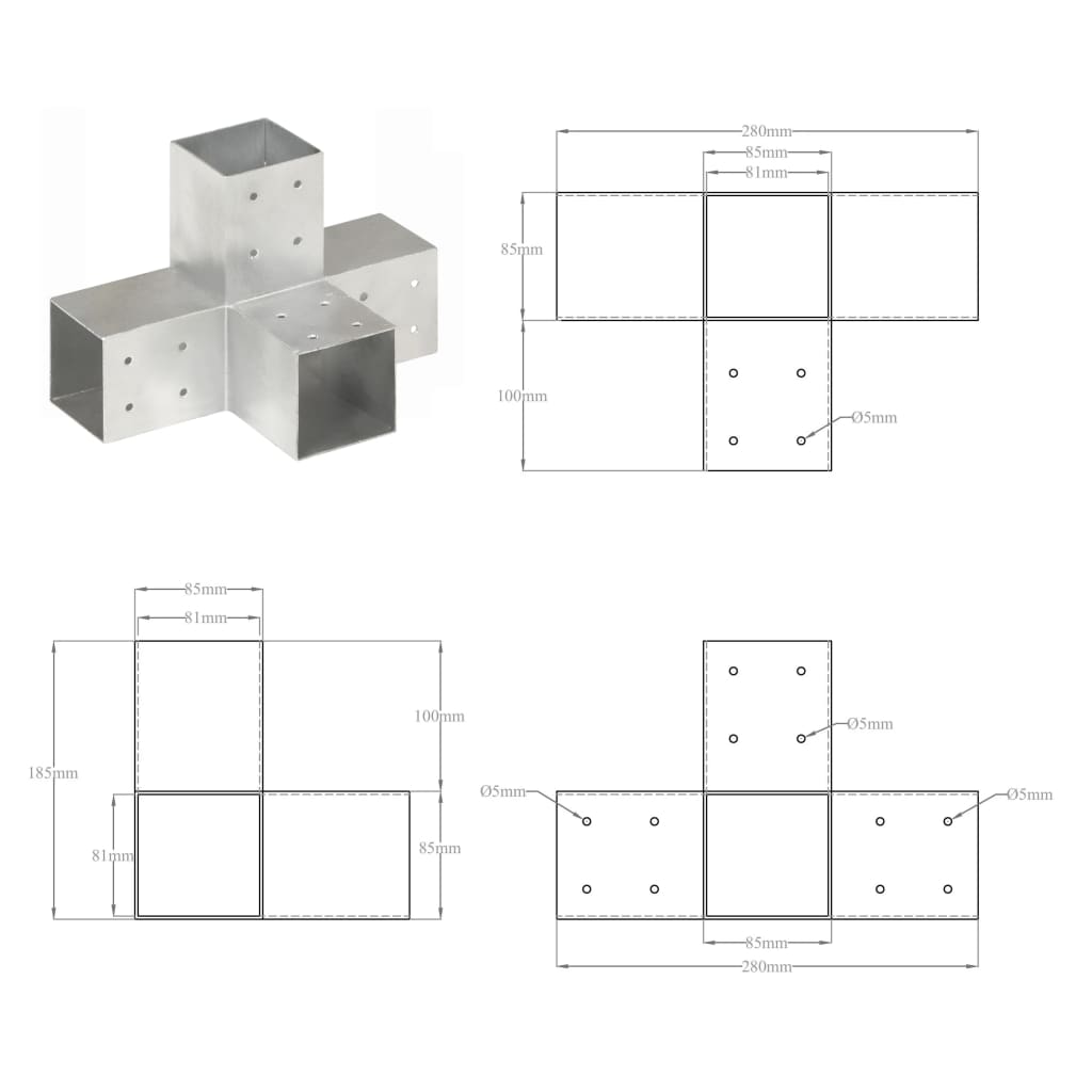 Base para poste em forma de X 81x81 mm metal galvanizado