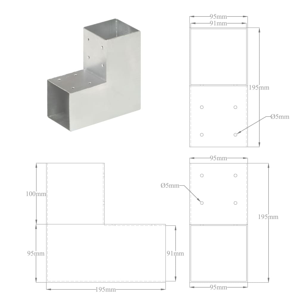 Base para poste em forma de L 91x91 mm metal galvanizado