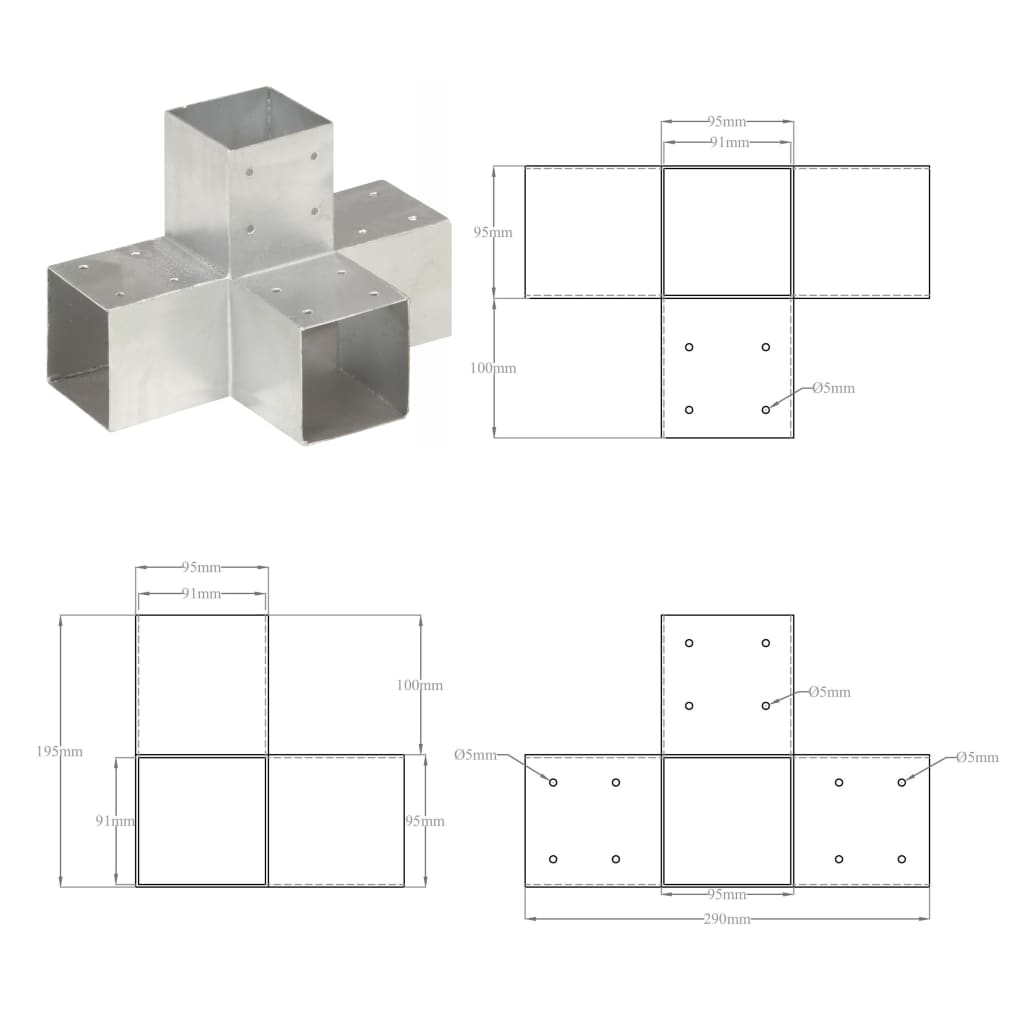 Bases para poste em forma de X 4 pcs 91x91 mm metal galvanizado