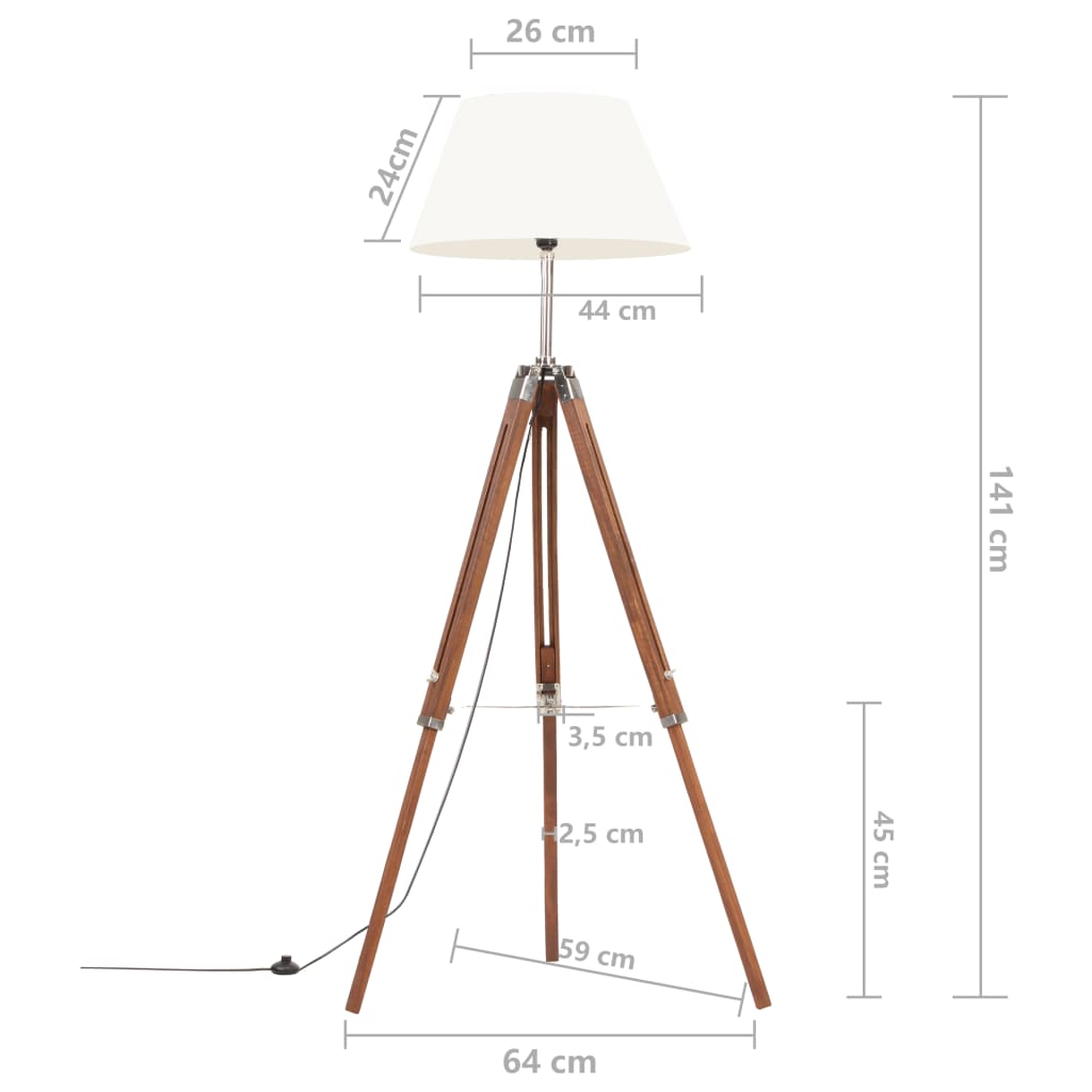 Candeeiro de chão tripé 141 cm teca maciça castanho mel/branco