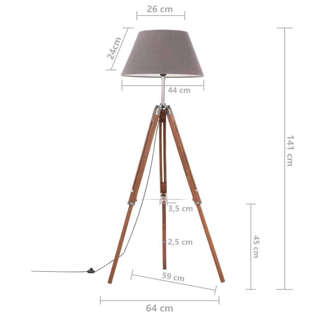 Candeeiro de chão tripé 141 cm teca maciça castanho mel/cinza