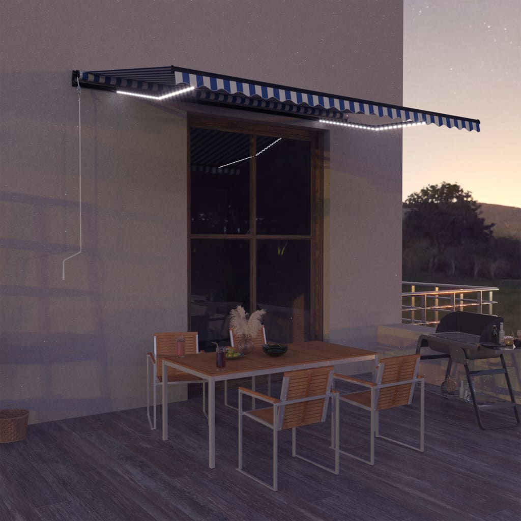 Toldo com sensor de vento e LED 500x300 cm azul e branco