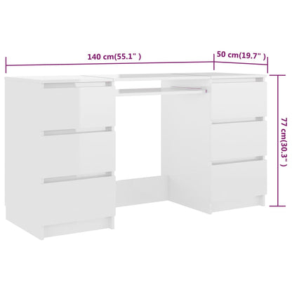 Secretária Luxes com 6 Gavetas de 140 cm - Branco Brilhante - Design Moderno