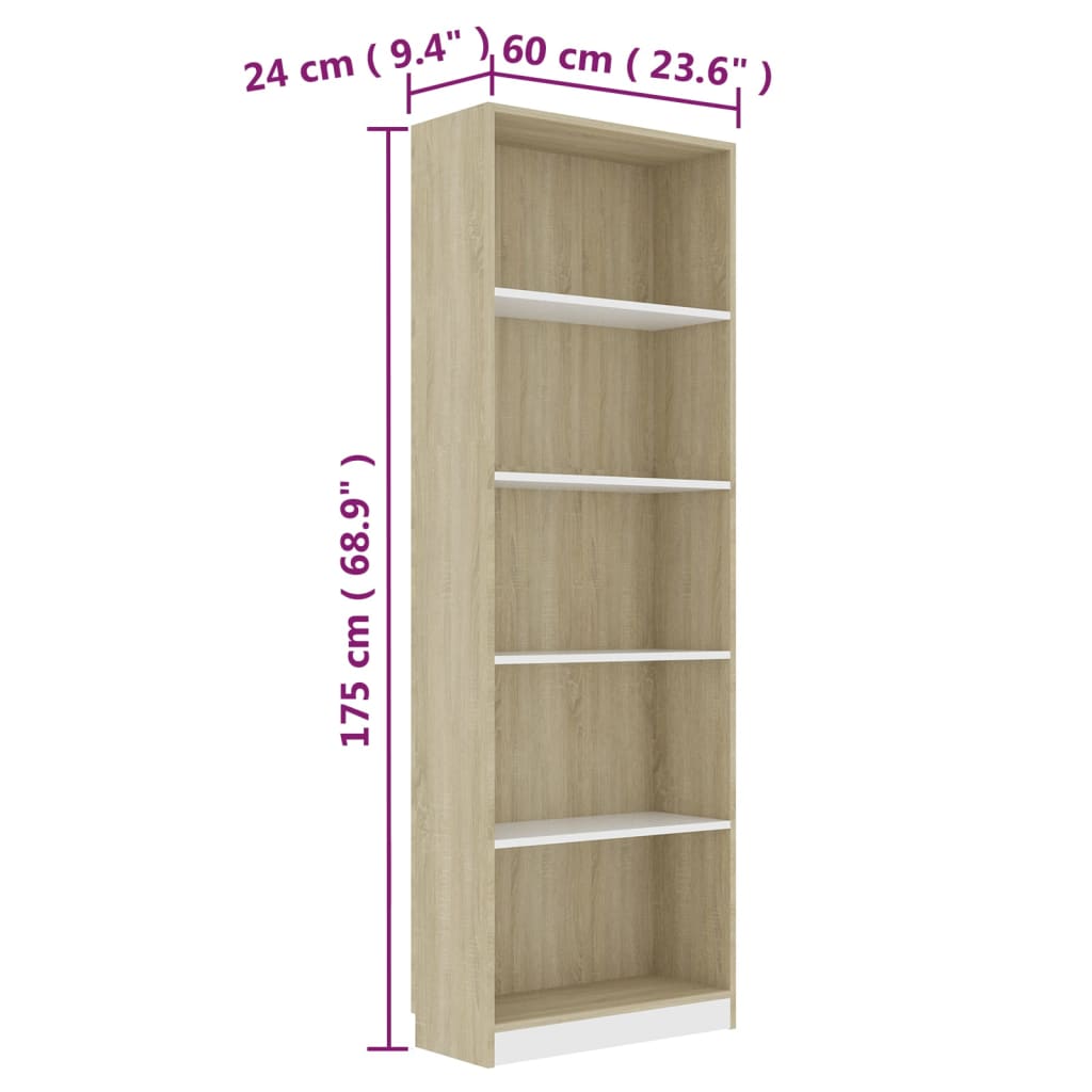 Estante 5 prateleiras 60x24x175cm contraplacado branco/carvalho