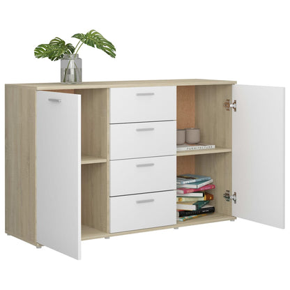 Aparador Mendy - Cor Branco e Carvalho Sonoma - Com 4 Gavetas e 2 Portas - 120x35,5x75 cm - Em Contraplacado - Design Moderno