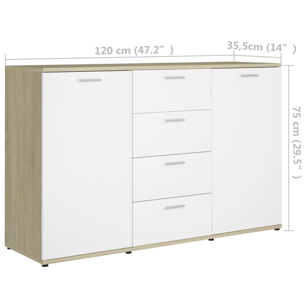 Aparador Mendy - Cor Branco e Carvalho Sonoma - Com 4 Gavetas e 2 Portas - 120x35,5x75 cm - Em Contraplacado - Design Moderno