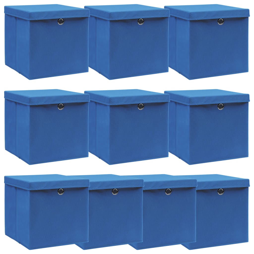 Caixas de arrumação com tampas 10 pcs 32x32x32 cm tecido azul