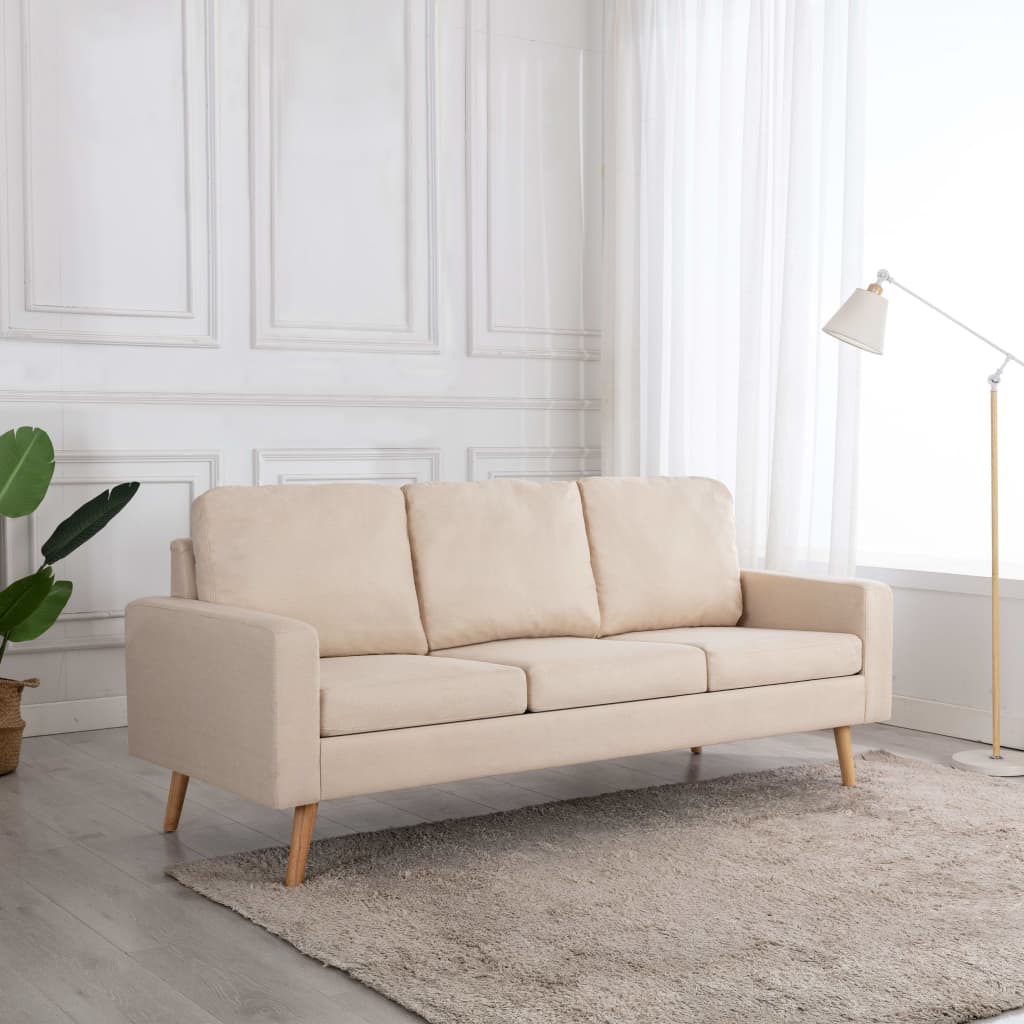 Sofá Ginger De 3 Lugares - Tecido Suave ao Toque - Estrutura em Madeira de Pinho Maciça - 184x76x82,5 cm - Cor Creme - Design Nórdico