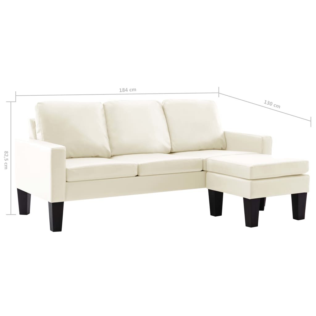 Sofá Lídia Chaise Longue - De 3 Lugares com Apóio de Pés - Cor Creme - Em Couro Artificial - 184x76x82,5 cm - Design Moderno