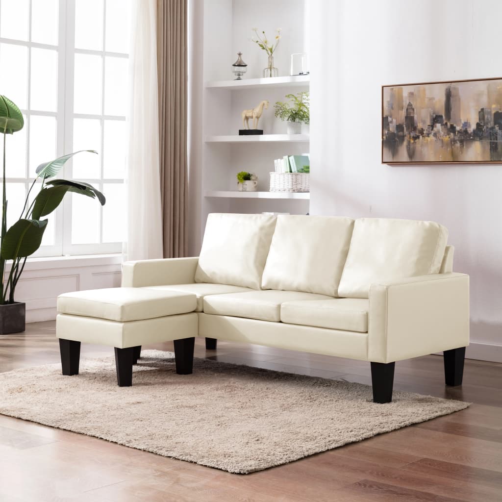 Sofá Lídia Chaise Longue - De 3 Lugares com Apóio de Pés - Cor Creme - Em Couro Artificial - 184x76x82,5 cm - Design Moderno