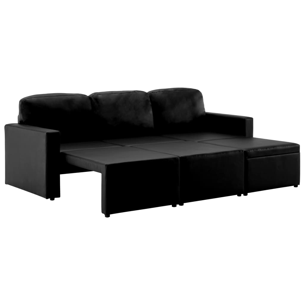 Sofá-cama modular de 3 lugares couro artificial preto