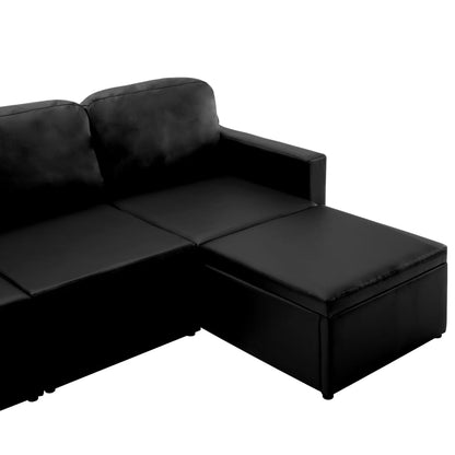 Sofá-cama modular de 3 lugares couro artificial preto