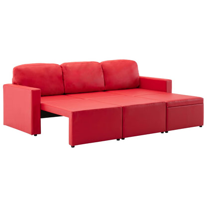 Sofá-cama modular de 3 lugares couro artificial vermelho