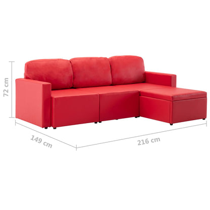 Sofá-cama modular de 3 lugares couro artificial vermelho