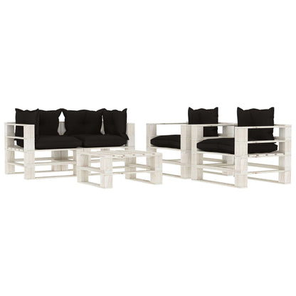 5 pcs conjunto lounge paletes de madeira c/ almofadões pretos