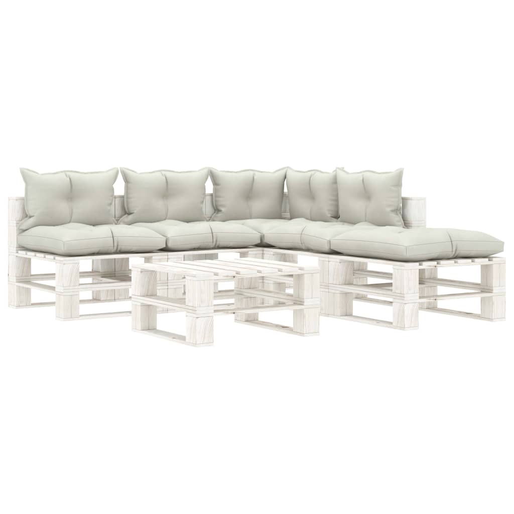 Conjunto lounge de jardim em paletes 6 pcs c/ almofadões beges