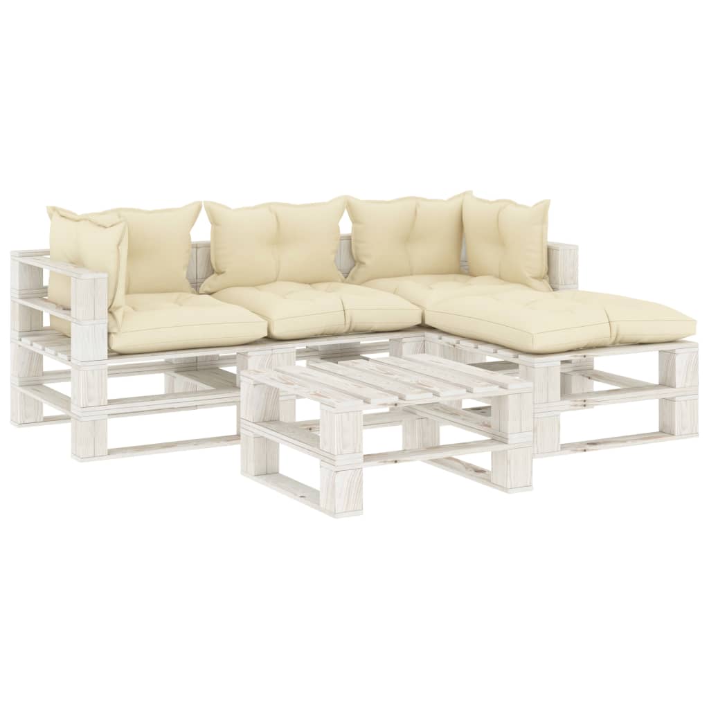 5 pcs conjunto lounge de jardim em paletes c/ almofadões creme