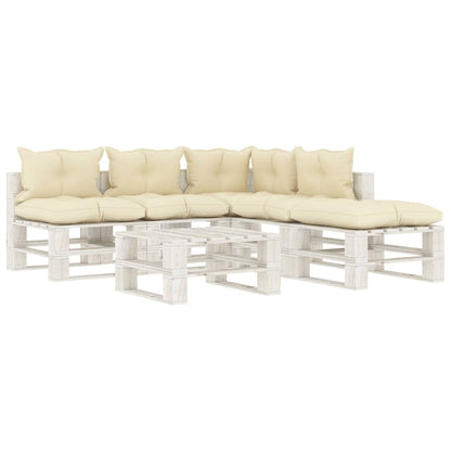 6 pcs conjunto lounge de jardim em paletes c/ almofadões creme