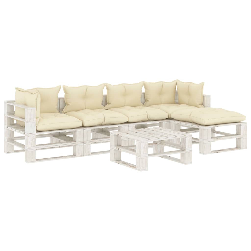 6 pcs conjunto lounge de jardim em paletes c/ almofadões creme