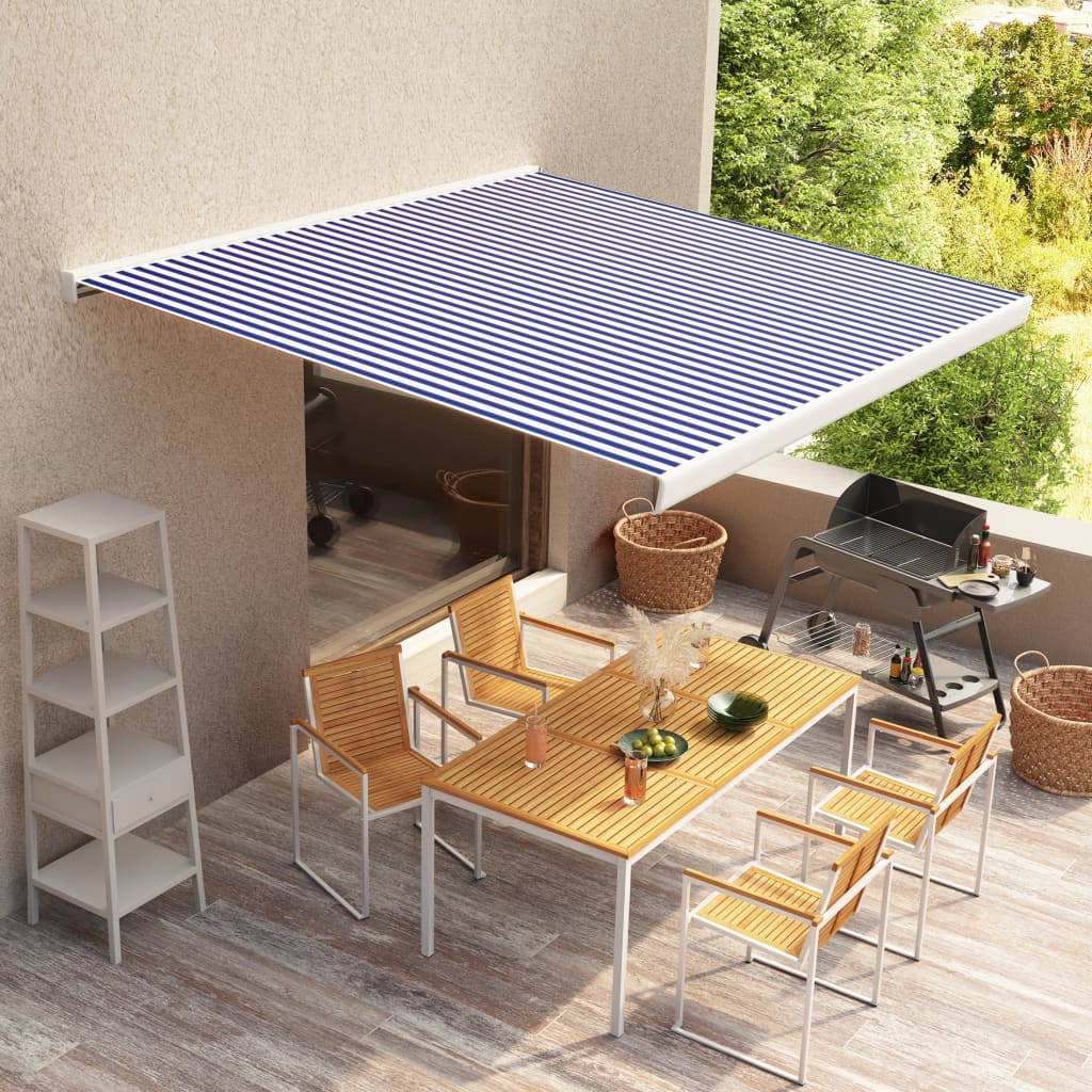 Toldo motorizado com caixa 300x250 cm azul e branco