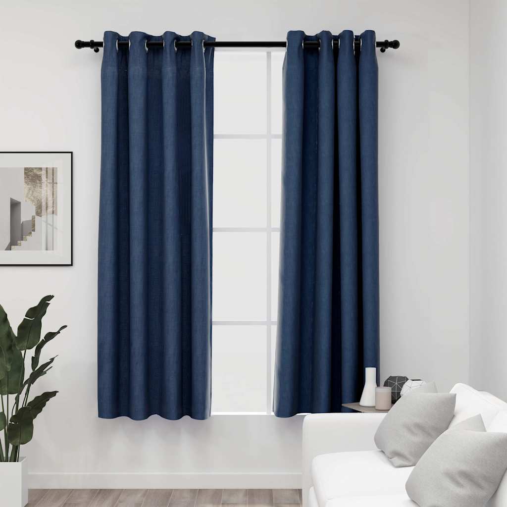 Cortinas opacas aspeto linho c/ ilhós 2 pcs 140x175 cm azul