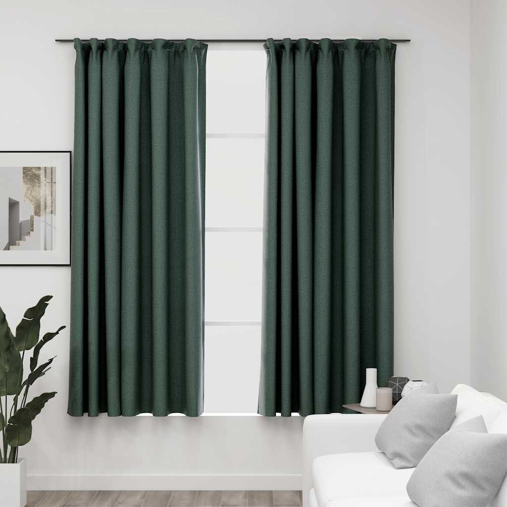 Cortinas opacas aspeto linho c/ ganchos 2 pcs 140x175 cm verde