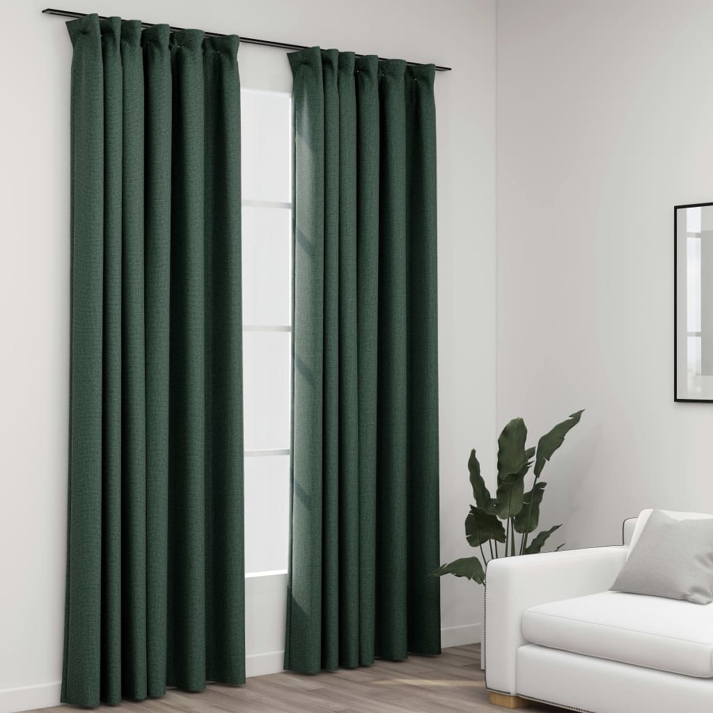 Cortinas opacas aspeto linho c/ ganchos 2 pcs 140x225 cm verde